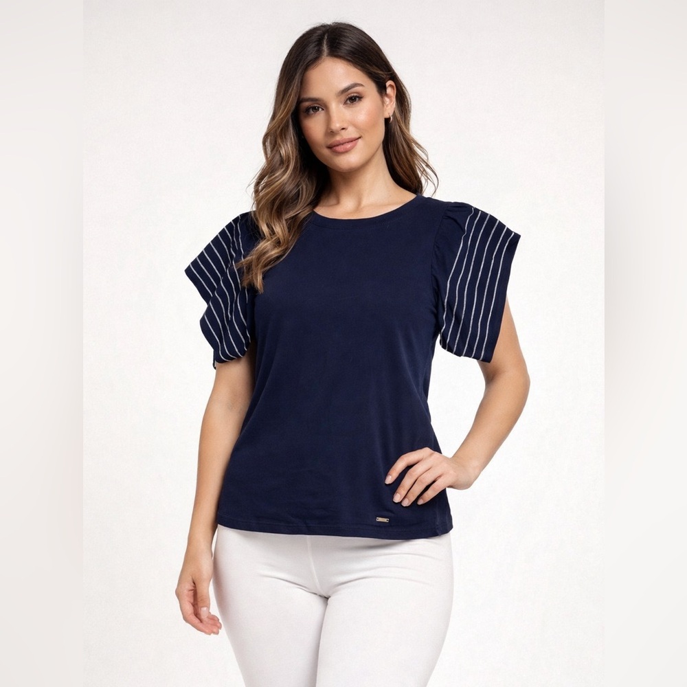 Jones New York Navy Top with Striped Sleeves